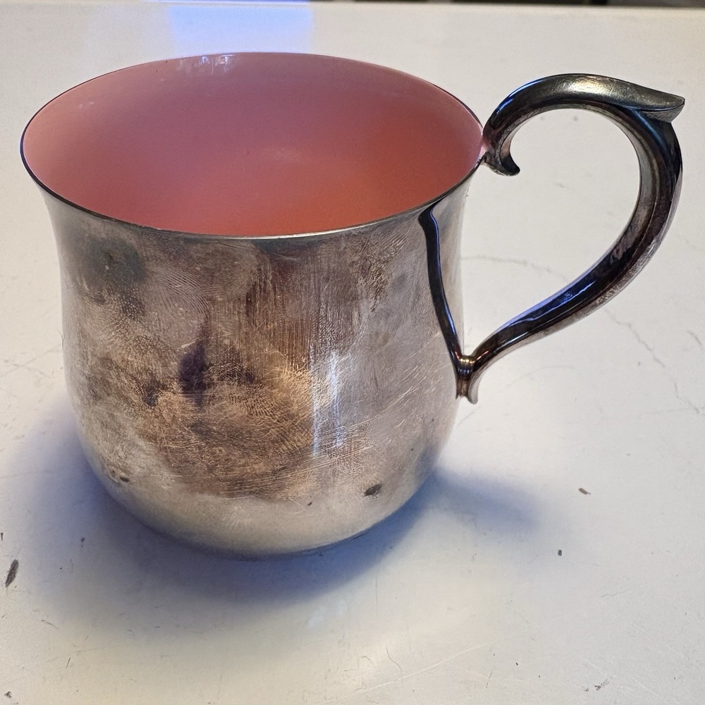 Vintage Reed & Barton Silverplate Baby Cup #866 Pink Enamel Interior Child Mug